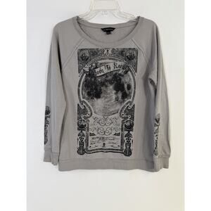 Y2K Rock & Republic Womens Long Sleeve Shirt Gray Skull Graphic Rhinestones Sz M